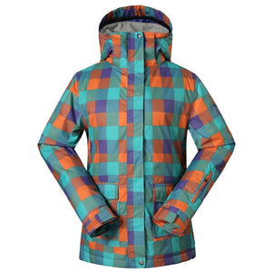 Gsou Snow Ski Snowboard Jacket Women Warmth Thicken Grid Printed